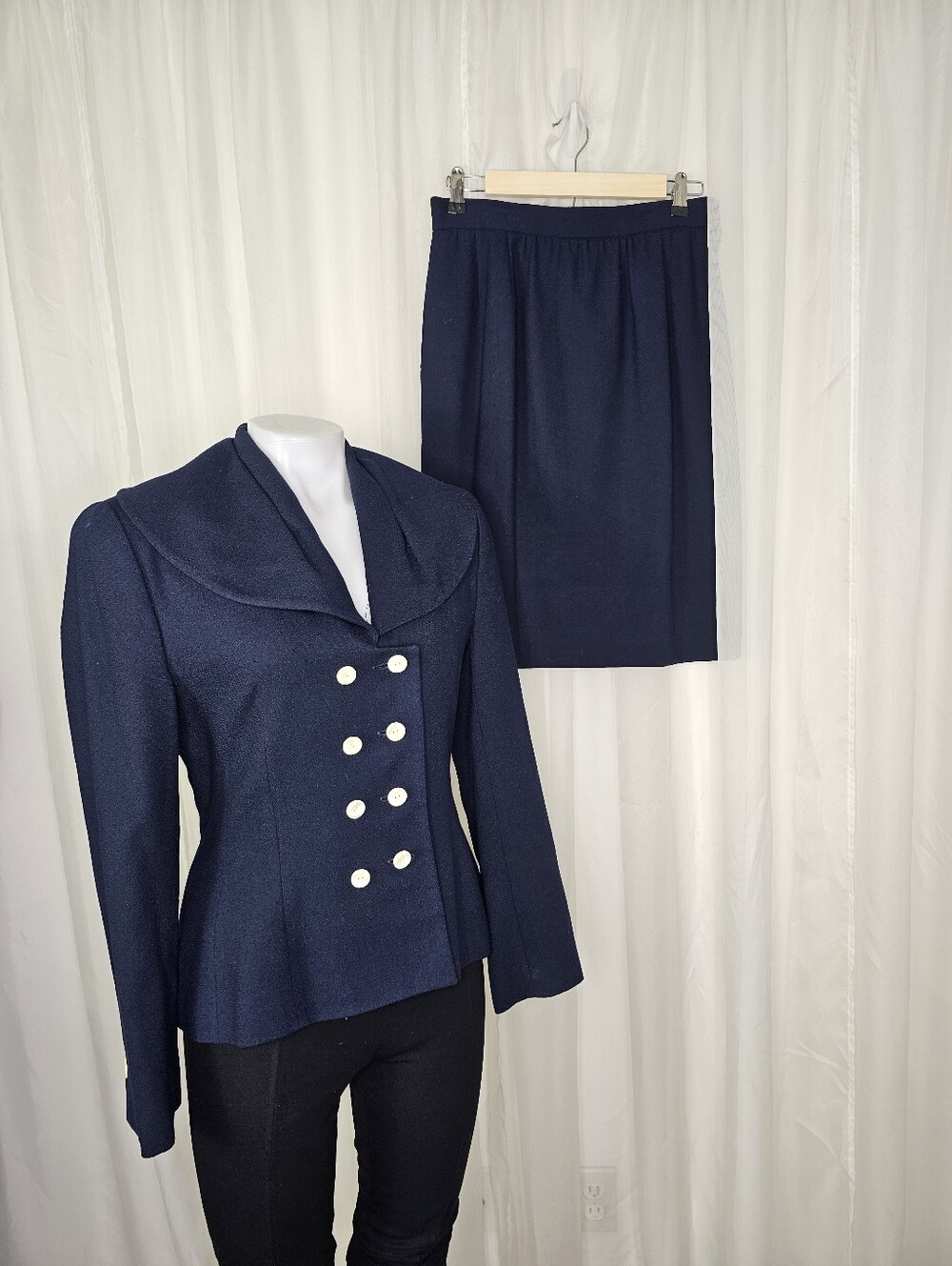 Vintage Ilie Wacs Navy Skirt Suit Set Double Breasted Pencil Portrait Collar Med